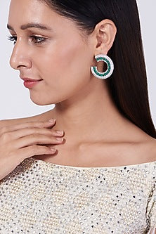 White Finish Zircon & Green Synthetic Stone Stud Earrings