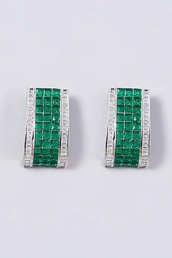 White Finish Green Faux Diamond Stud Earrings