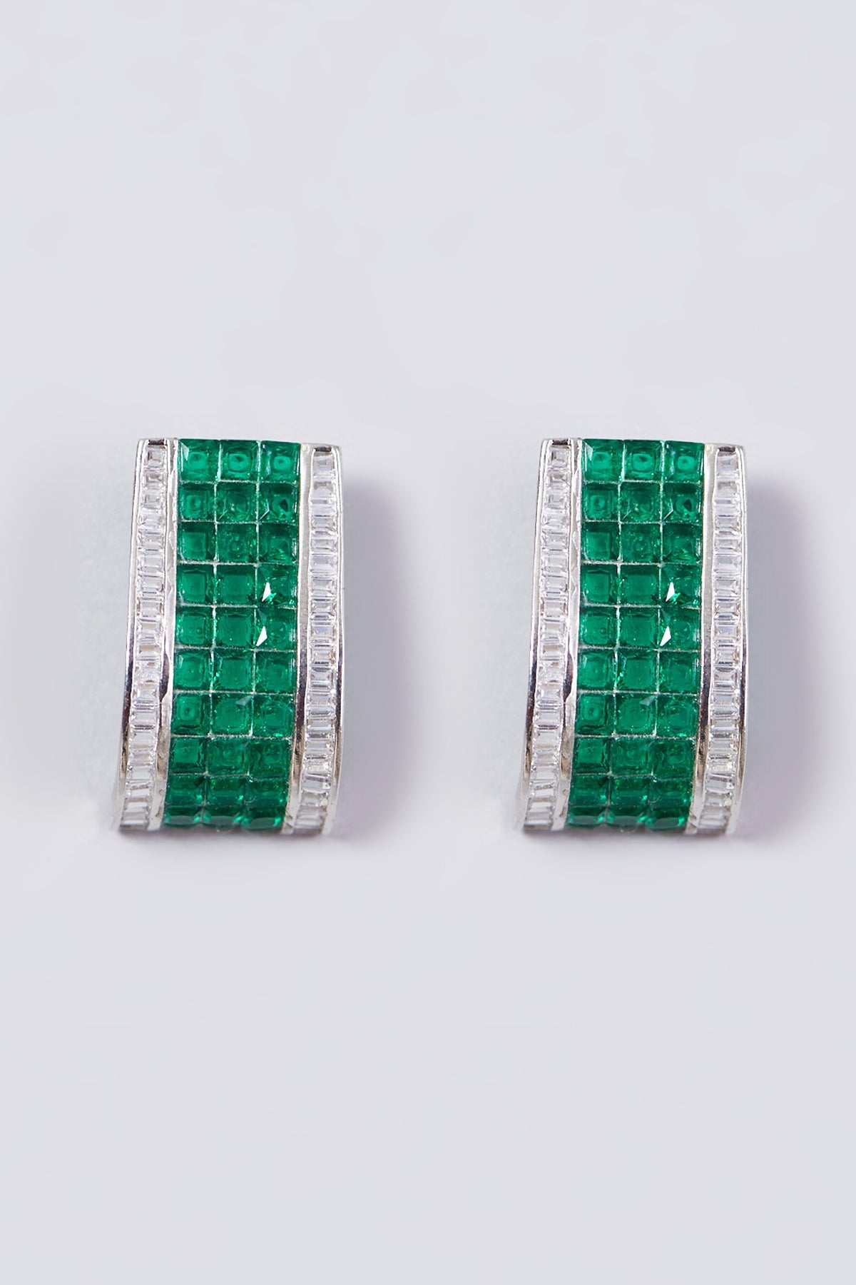 White Finish Green Faux Diamond Stud Earrings