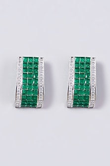 White Finish Green Faux Diamond Stud Earrings