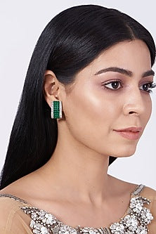 White Finish Green Faux Diamond Stud Earrings