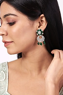 White Finish Green Synthetic Stone Dangler Earrings
