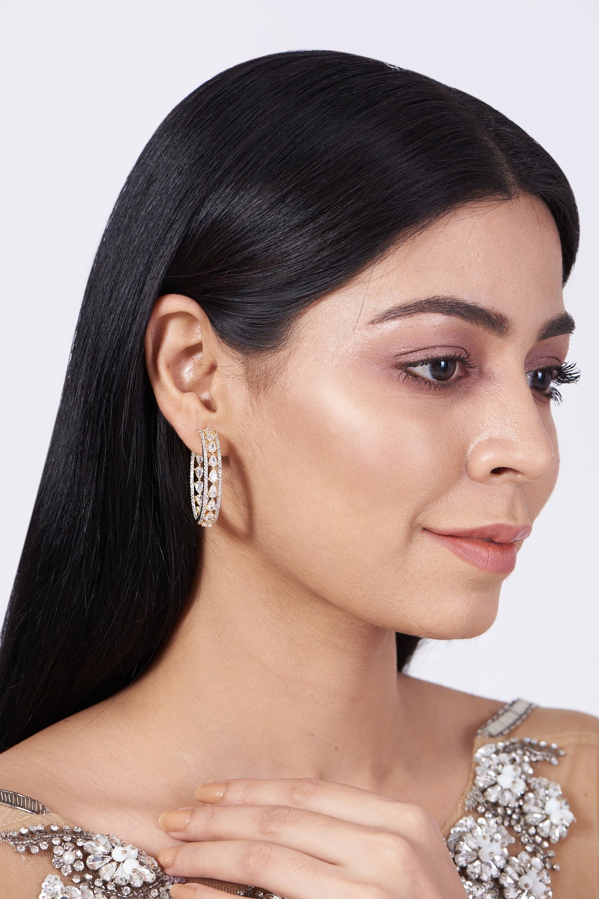 Gold Finish Hoop Earrings With Faux Diamonds