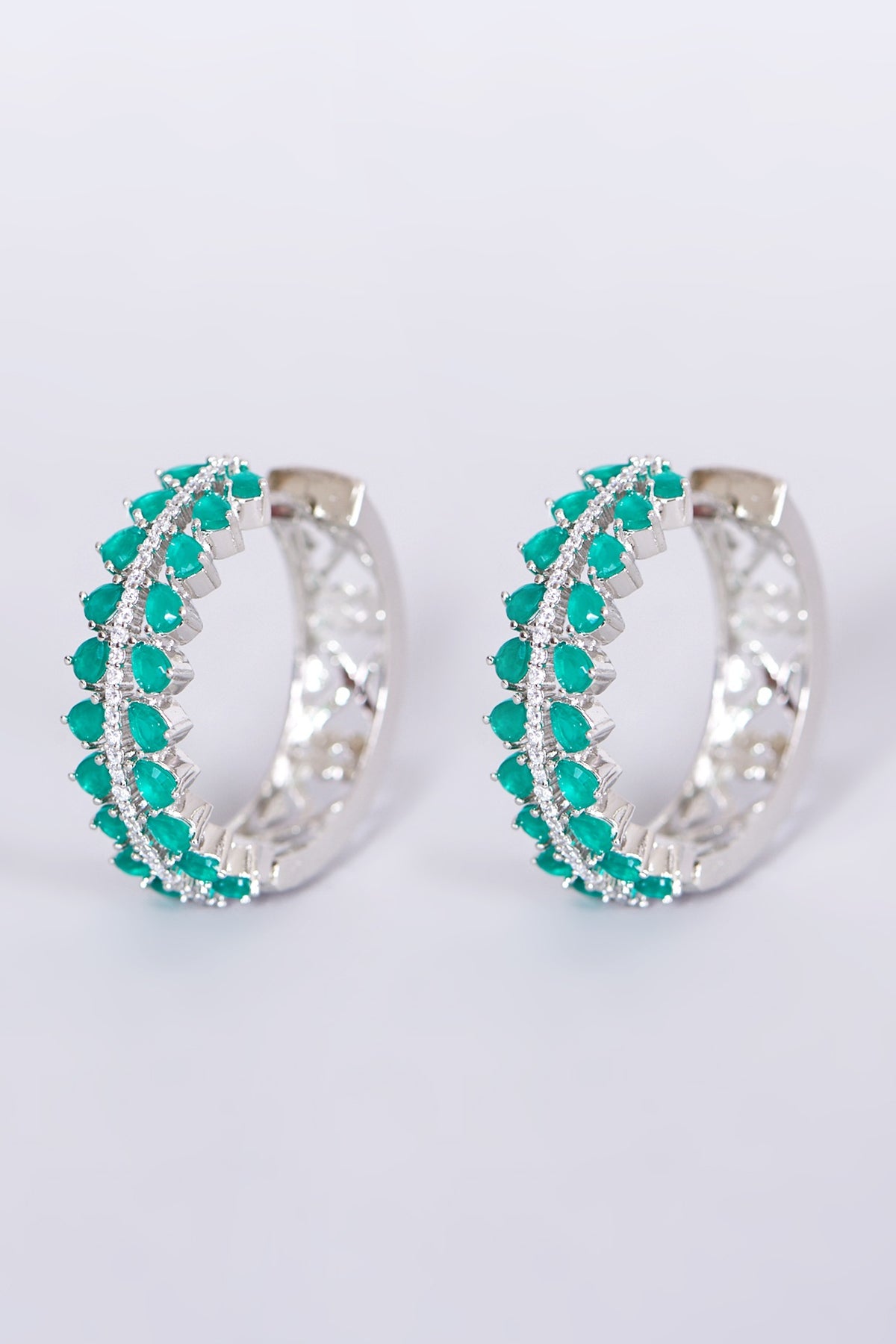 White Finish Synthetic Stone & Zircon Hoop Earrings