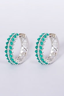 White Finish Synthetic Stone & Zircon Hoop Earrings
