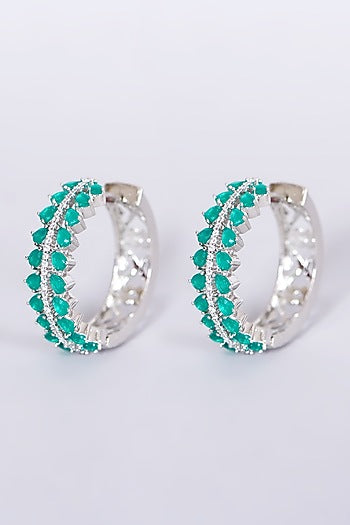 White Finish Synthetic Stone & Zircon Hoop Earrings
