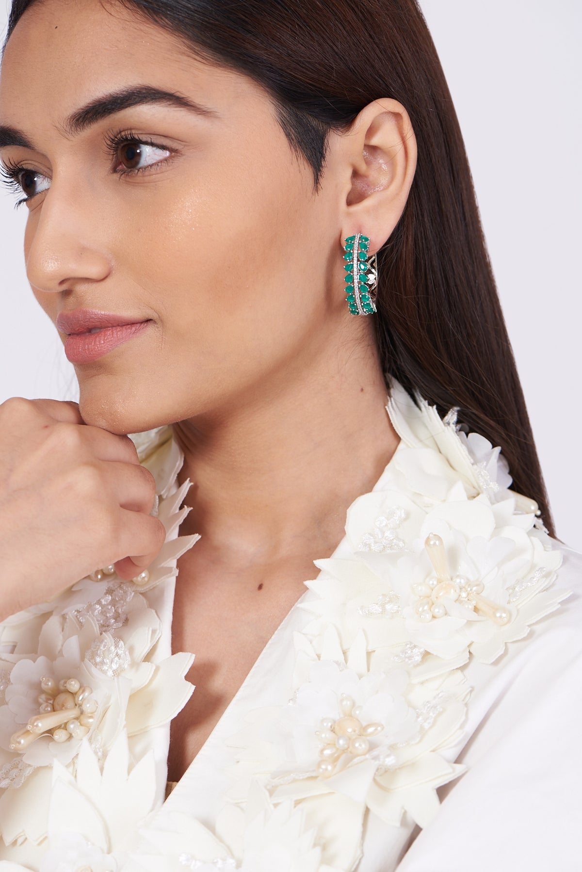 White Finish Synthetic Stone & Zircon Hoop Earrings