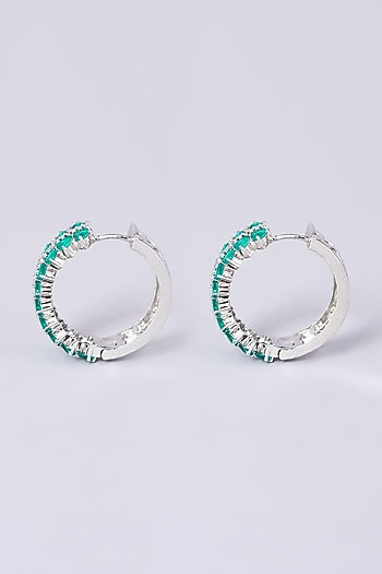 White Finish Synthetic Stone & Zircon Hoop Earrings