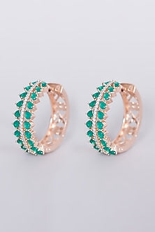 Rose Gold Finish Zircon & Green Synthetic Stone Hoop Earrings
