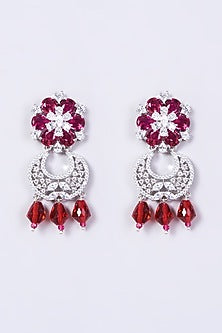 White Finish Red Synthetic Stone Dangler Earrings