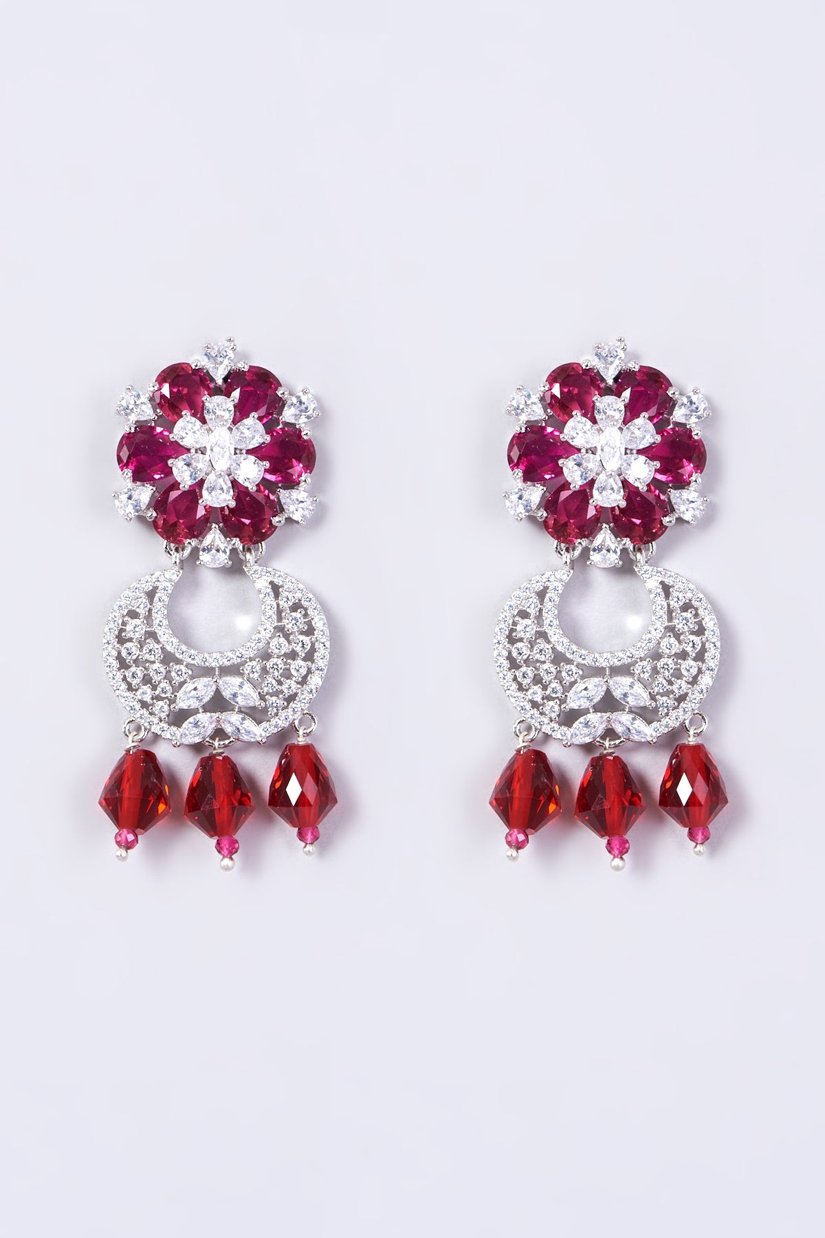 White Finish Red Synthetic Stone Dangler Earrings