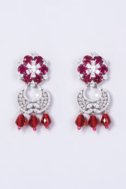 White Finish Red Synthetic Stone Dangler Earrings