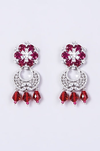 White Finish Red Synthetic Stone Dangler Earrings