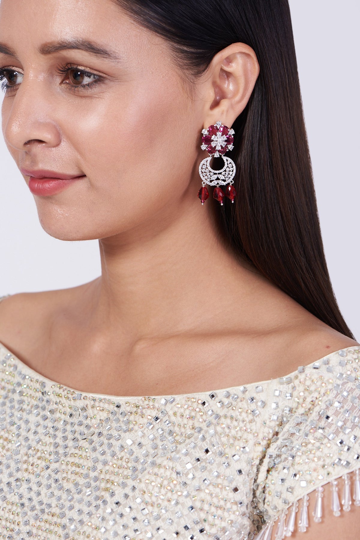 White Finish Red Synthetic Stone Dangler Earrings