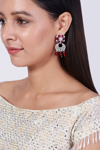 White Finish Red Synthetic Stone Dangler Earrings