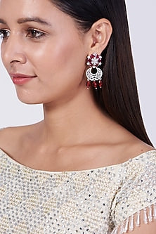 White Finish Red Synthetic Stone Dangler Earrings