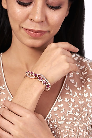 Rose Gold Finish Bangle With Pink Synthetic Stones