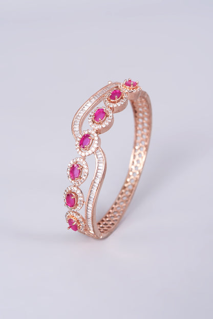 Rose Gold Finish Bangle With Pink Synthetic Stones