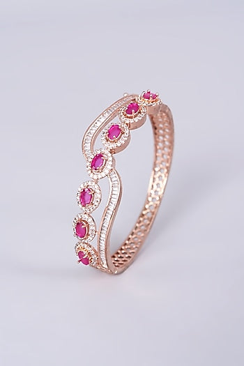 Rose Gold Finish Bangle With Pink Synthetic Stones