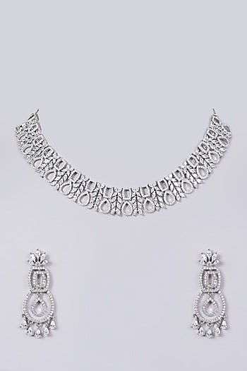 White Finish Faux Diamonds Necklace Set