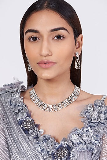White Finish Faux Diamonds Necklace Set