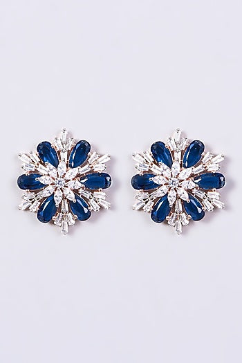 White Finish Blue Zircon Stud Earrings