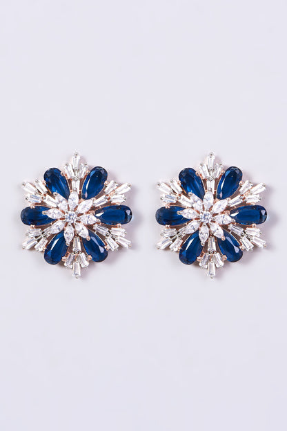 White Finish Blue Zircon Stud Earrings