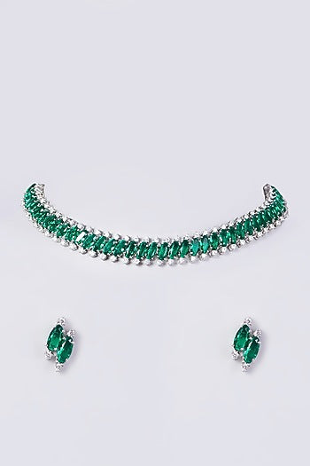 White Finish Zircon & Emerald Synthetic Stone Necklace Set