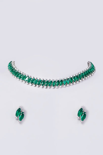White Finish Zircon & Emerald Synthetic Stone Necklace Set