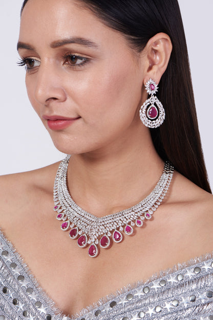 White Finish Faux Diamond & Pink Zircons Necklace Set