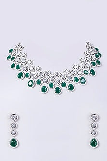 White Finish Necklace Set With Faux Diamonds