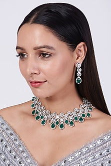 White Finish Necklace Set With Faux Diamonds