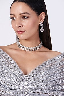 White Finish Necklace Set With Faux Diamonds & Zircons
