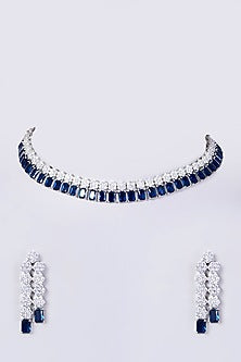 White Finish Necklace Set With Blue Zircons