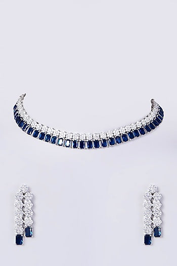 White Finish Necklace Set With Blue Zircons