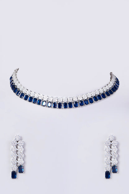 White Finish Necklace Set With Blue Zircons
