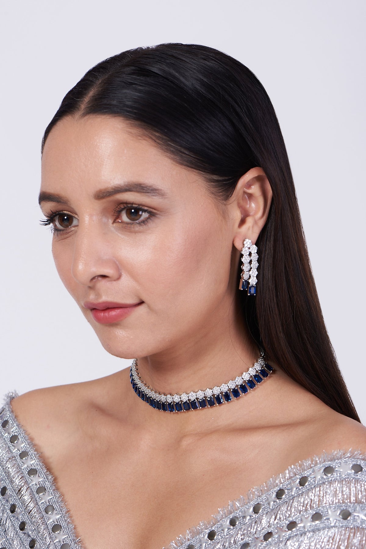 White Finish Necklace Set With Blue Zircons