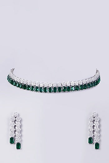 White Finish Necklace Set With Green Zircons
