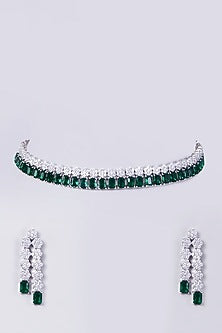 White Finish Necklace Set With Green Zircons
