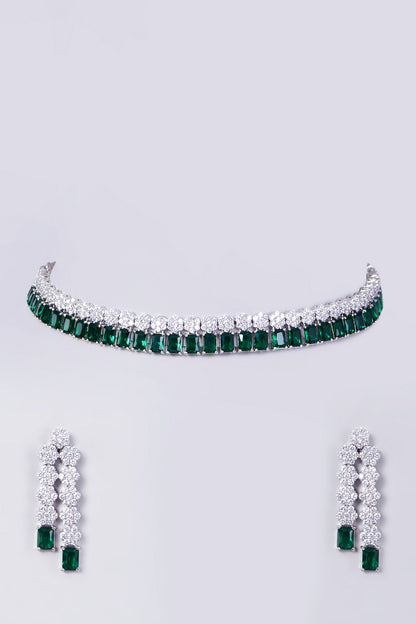 White Finish Necklace Set With Green Zircons