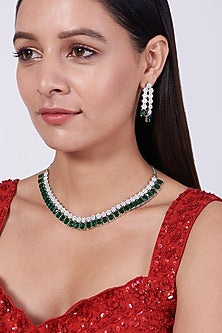 White Finish Necklace Set With Green Zircons