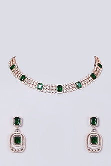 Rose Gold Finish Necklace Set With Green Zircons