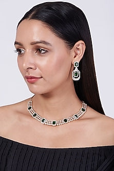 Rose Gold Finish Necklace Set With Green Zircons
