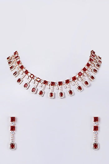 Rose Gold Finish Necklace Set With Red Zircons