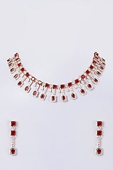 Rose Gold Finish Necklace Set With Red Zircons