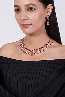 Rose Gold Finish Necklace Set With Red Zircons