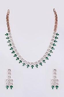 Two Tone Finish Zircon & Green Stone Necklace Set