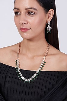 Two Tone Finish Zircon & Green Stone Necklace Set