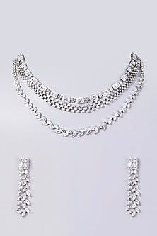 White Finish Faux Diamonds Necklace Set In Mixed Metal