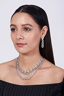 White Finish Faux Diamonds Necklace Set In Mixed Metal